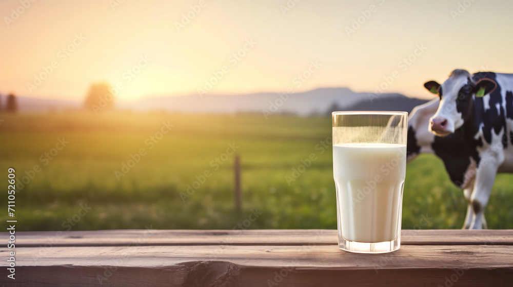 Fresh Farm Milk in a Glass with Grazing Cow and Sunrise Over Pasture, Dairy Farming and Healthy Food Concept Fresh Farm Milk in a Glass with Grazing Cow and Sunrise Over Pasture, Dairy Farming and Healthy Food Concept