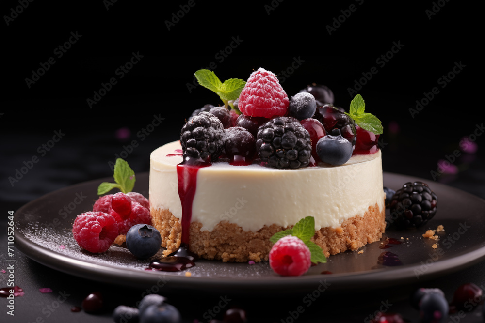 Classic plain New York Cheesecake slice is topped with fresh strawberries, raspberries, mint for healthy organic dessert. Generation AI Classic plain New York Cheesecake slice is topped with fresh strawberries, raspberries, mint for healthy organic dessert. Generation AI