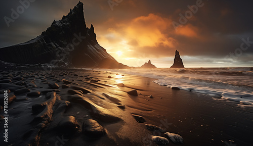 Strand mit Sand bedeckt von Arsche nach einem Vulkanausbruch, Erruption spuckt Asche auf die Insel, Berge und Küste photo