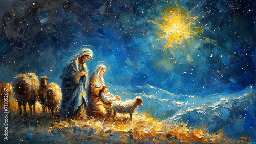 Nativity scene in Bethlehem, holy family with Joseph, Blessed Mary and baby Jesus Christ. shepherds and sheep, Bethlehem star, religious christianity birth catholic biblical.