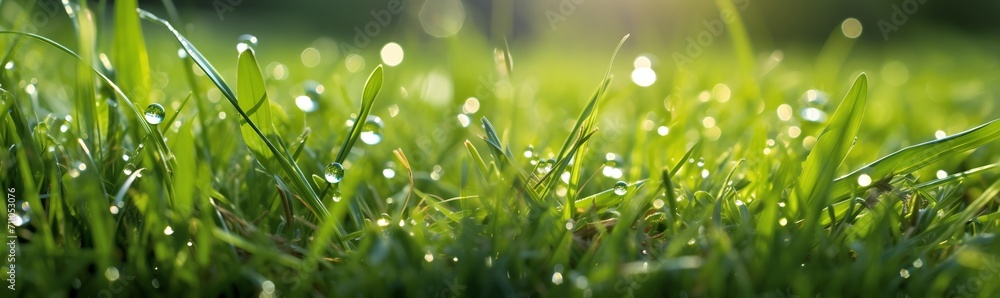 Fototapeta premium Drops of water on green grass glisten in morning.