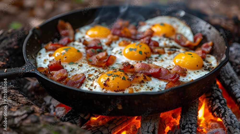 Camping breakfast with bacon and eggs in a cast iron skillet. Fried eggs in the forest. Food at the camp. Picnic Camping breakfast with bacon and eggs in a cast iron skillet. Fried eggs in the forest. Food at the camp. Picnic