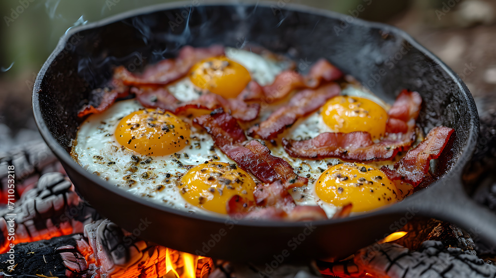 Camping breakfast with bacon and eggs in a cast iron skillet. Fried eggs in the forest. Food at the camp. Picnic Camping breakfast with bacon and eggs in a cast iron skillet. Fried eggs in the forest. Food at the camp. Picnic