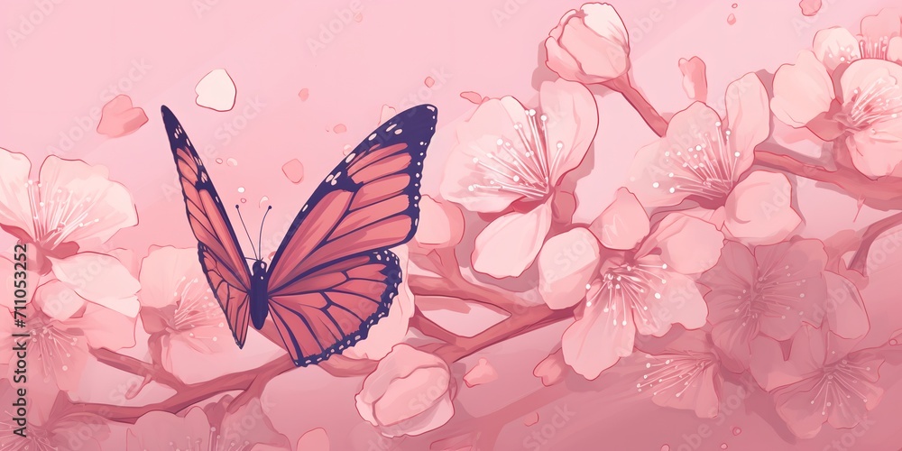 Butterfly over pink flowers.