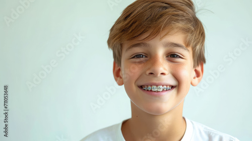 little smiling boy with metal braces on her teeth, bite correction, orthodontist, health, medicine, dentistry, oral cavity, straight, white, mouth, person, people, treatment, kid, child, children photo