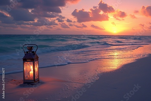 Serene Beachside Ambiance with a Solitary Candle Lantern