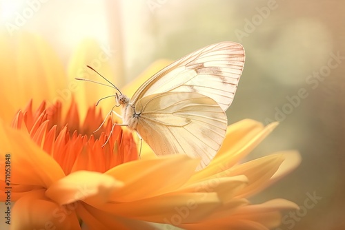Beautiful butterfly on a flower at sunset, nature background. photo