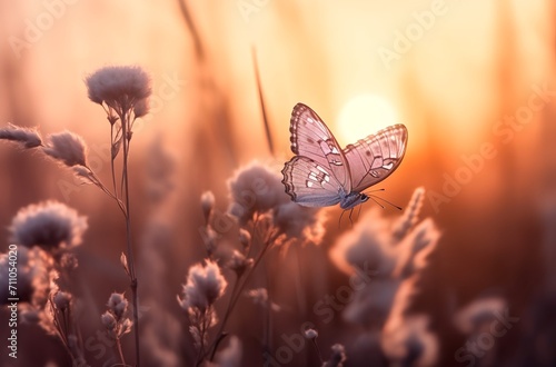Beautiful butterfly on a flower at sunset, nature background.