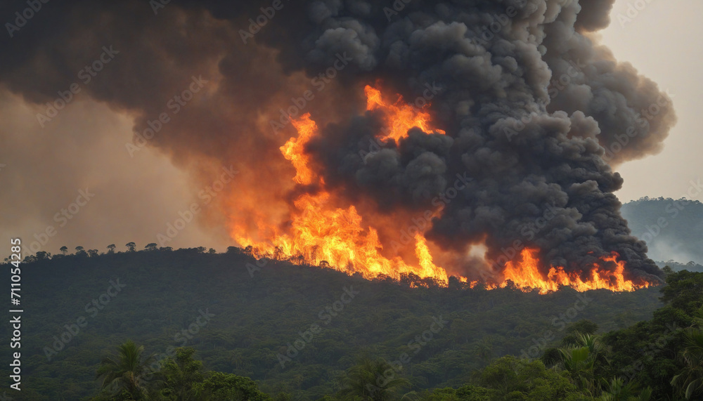 Tropical forest engulfed in massive blaze, emitting thick dark smoke. Contributing to deforestation.