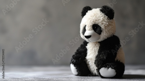 Close-up of a plush panda toy sitting on a textured surface photo