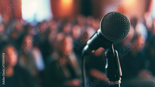 Microphone in focus with blurred audience in the background