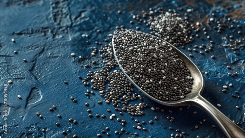Spoonful of chia seeds on a textured blue surface photo