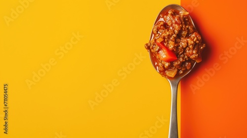 A spoonful of rich, savory chili on a vibrant yellow and orange background