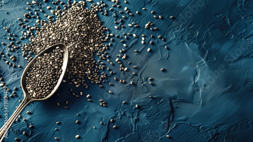 A spoon overflows with chia seeds on a blue textured surface photo