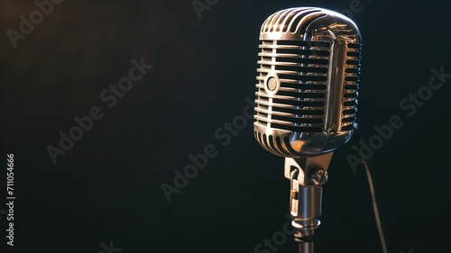 Vintage microphone illuminated on dark background