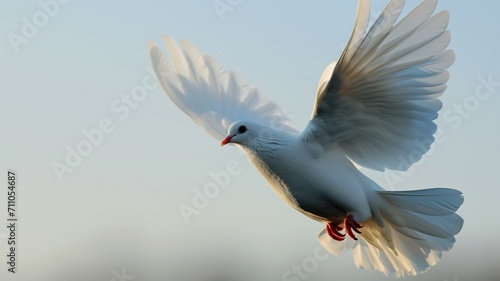 White dove in flight at dusk, wings spread wide