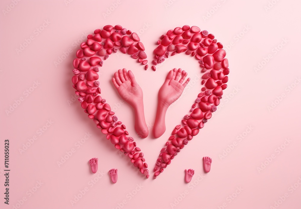 3D illustration of pink heart made of small pebbles with baby hands and feet