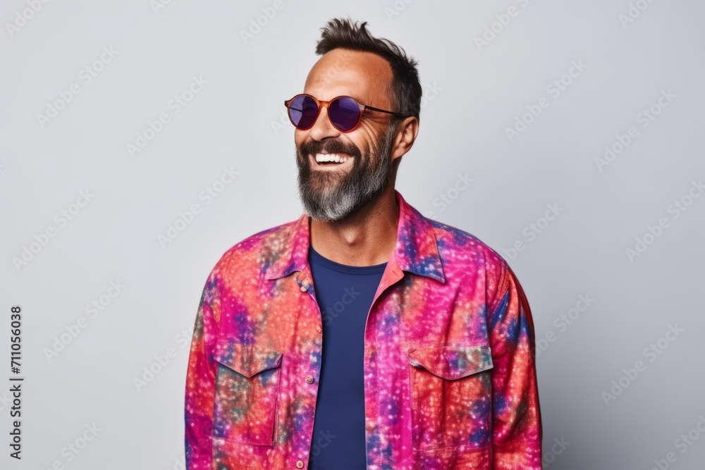 Portrait of a stylish hipster man wearing sunglasses and smiling while standing against grey background Portrait of a stylish hipster man wearing sunglasses and smiling while standing against grey background