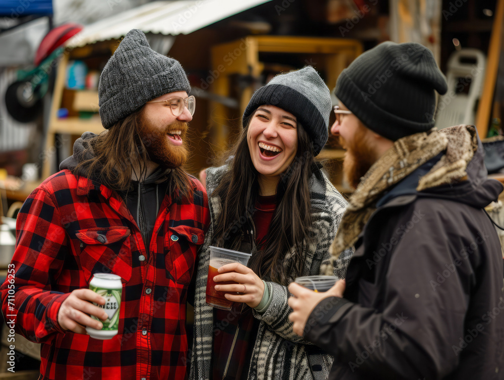 Fototapeta premium Group of friends having fun on a street food market in the city