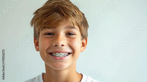 little smiling boy with metal braces on her teeth, bite correction, orthodontist, health, medicine, dentistry, oral cavity, straight, white, mouth, person, people, treatment, kid, child, children photo