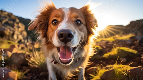 Happy dog running in the mountains