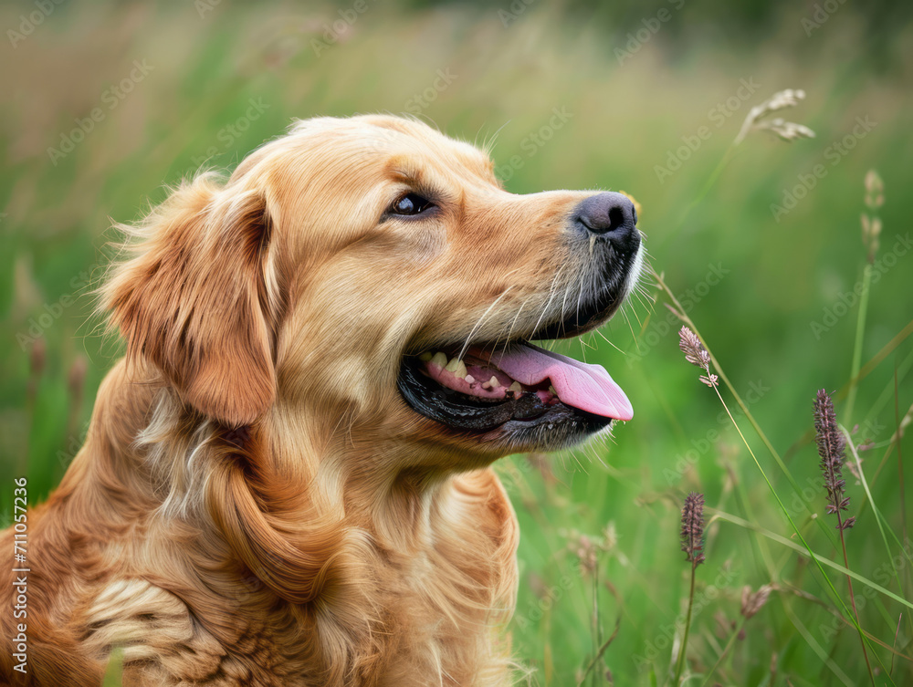 Portrait of golden retriever dog in summer meadow, close up