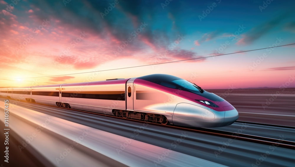 Fototapeta premium High speed train passing through a desert at sunset