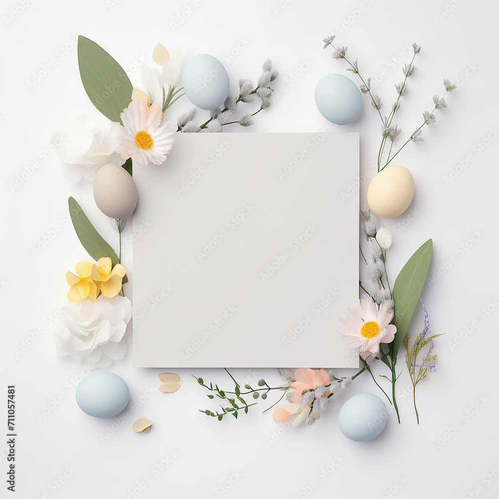Blank paper greeting card with pastel Easter eggs and artificial flower and leaves decorations, Easter mock up