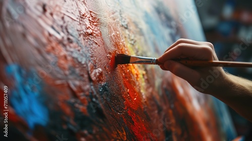 Close-up of an artist's hand painting with a red hue