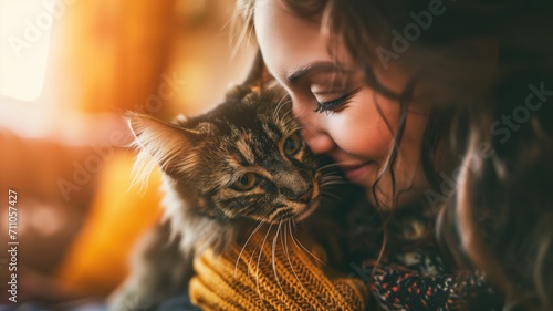 Close-up of a woman affectionately nuzzling a cat photo