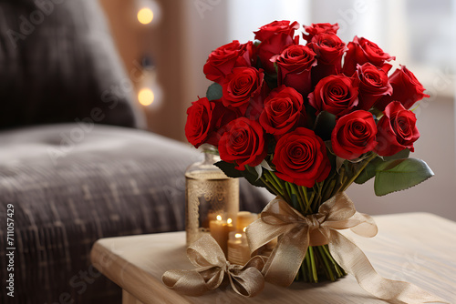 Fototapeta Naklejka Na Ścianę i Meble -  Red roses in the vase on the table in the living room