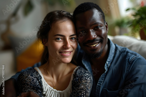 portrait of happy cheerful couple sitting on sofa in the living room