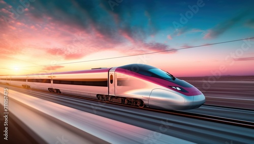 High speed train passing through a desert at sunset