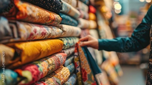 Person browsing through vibrant fabric rolls in a shop photo