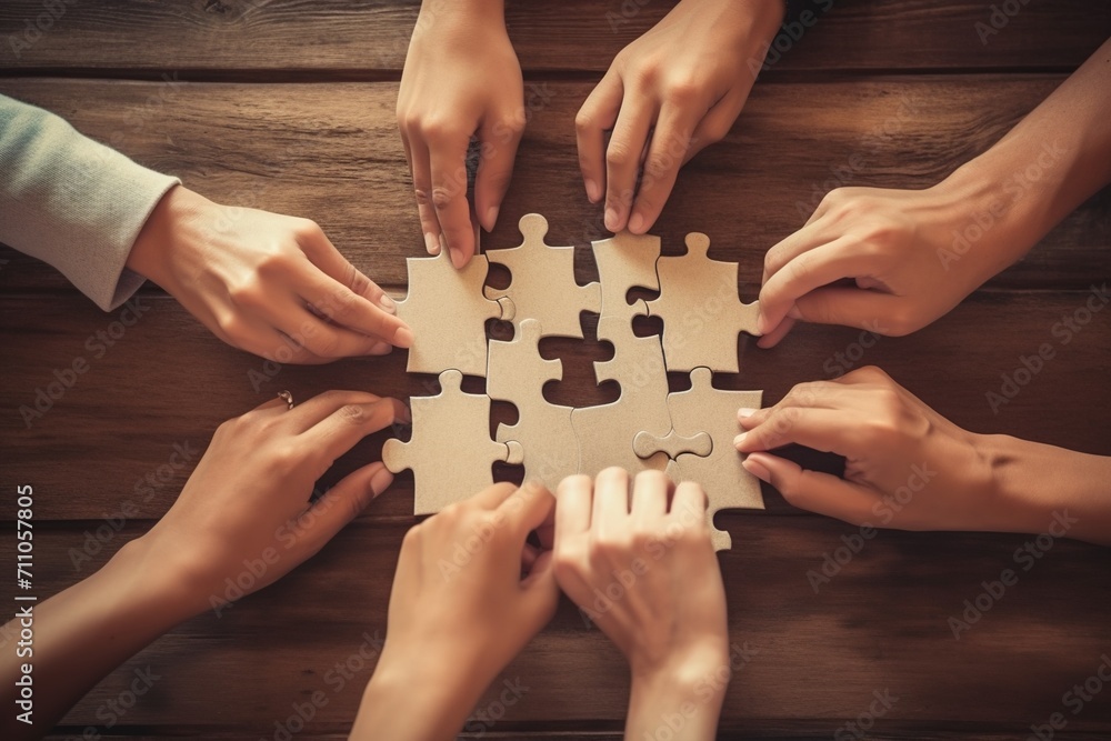 Diverse group of people putting puzzle pieces together Diverse group of people putting puzzle pieces together
