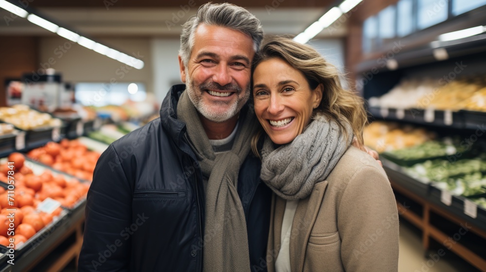 Happy couple shopping for groceries together Happy couple shopping for groceries together