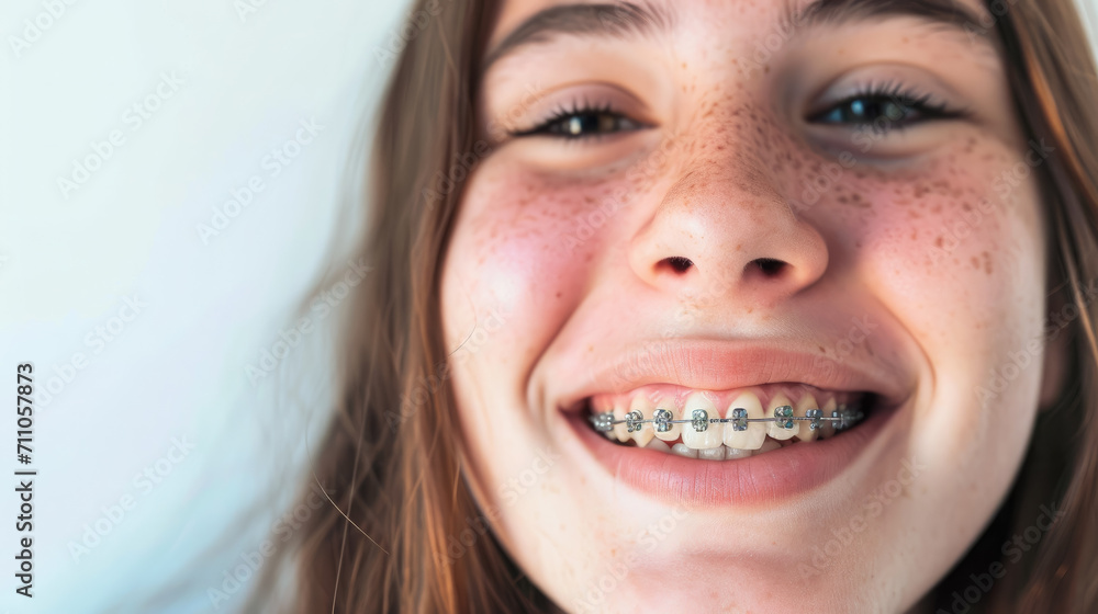 young smiling girl with metal braces on her teeth, bite correction, orthodontist, health, medicine, dentistry, oral cavity, straight, white, portrait, mouth, person, people, treatment, beauty, smile young smiling girl with metal braces on her teeth, bite correction, orthodontist, health, medicine, dentistry, oral cavity, straight, white, portrait, mouth, person, people, treatment, beauty, smile