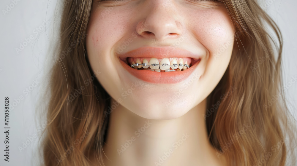 young smiling girl with metal braces on her teeth, bite correction, orthodontist, health, medicine, dentistry, oral cavity, straight, white, portrait, mouth, person, people, treatment, beauty, smile young smiling girl with metal braces on her teeth, bite correction, orthodontist, health, medicine, dentistry, oral cavity, straight, white, portrait, mouth, person, people, treatment, beauty, smile
