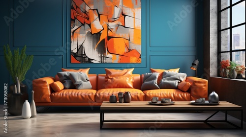 Blue and orange living room interior design