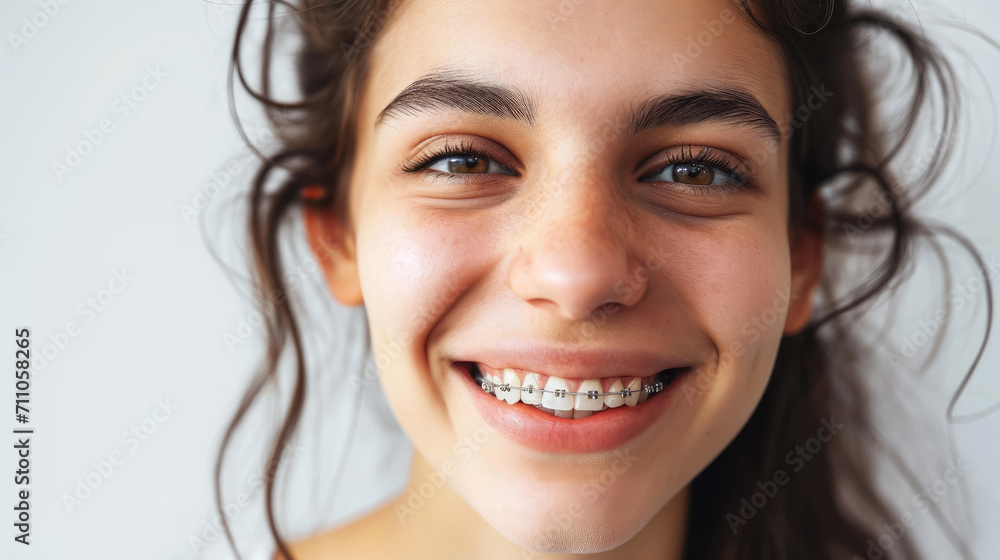 young smiling girl with metal braces on her teeth, bite correction, orthodontist, health, medicine, dentistry, oral cavity, straight, white, portrait, mouth, person, people, treatment, beauty, smile young smiling girl with metal braces on her teeth, bite correction, orthodontist, health, medicine, dentistry, oral cavity, straight, white, portrait, mouth, person, people, treatment, beauty, smile