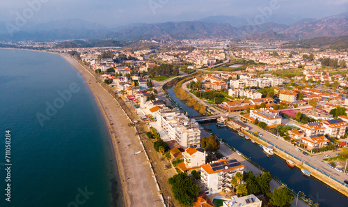 Picturesque aerial view of coastal area of Fethiye city, prominent tourist destination in Turkish Riviera