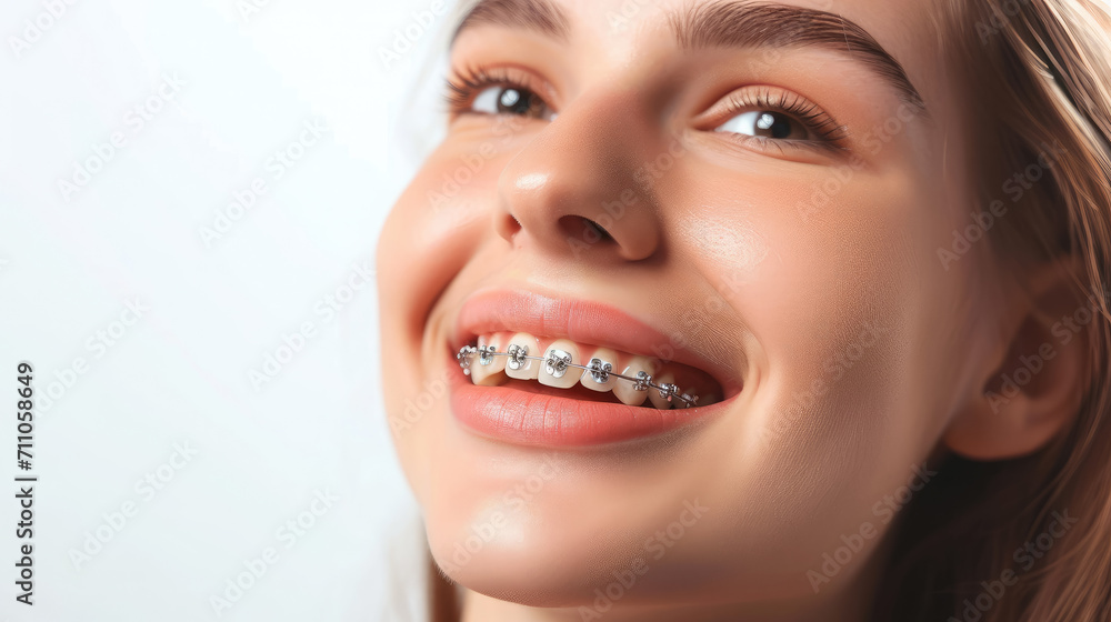 young smiling girl with metal braces on her teeth, bite correction, orthodontist, health, medicine, dentistry, oral cavity, straight, white, portrait, mouth, person, people, treatment, beauty, smile young smiling girl with metal braces on her teeth, bite correction, orthodontist, health, medicine, dentistry, oral cavity, straight, white, portrait, mouth, person, people, treatment, beauty, smile