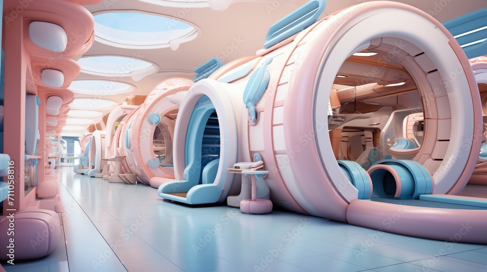 Futuristic hospital interior with pastel colors and soft lighting