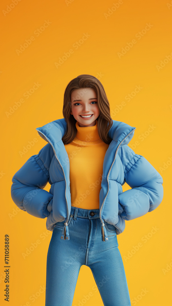 Cartoon style smiling happy teenage girl, wears short blue puffer jacket, blue jeans, yellow turtleneck, both hands in pockets, isolated on bright yellow backdrop, copy space, 16:9 Cartoon style smiling happy teenage girl, wears short blue puffer jacket, blue jeans, yellow turtleneck, both hands in pockets, isolated on bright yellow backdrop, copy space, 16:9
