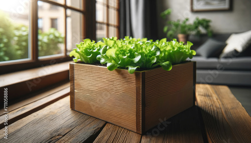 Healthy green lettuce grows in a wooden box on a table in a cozy apartment setting.