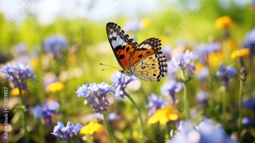 Closeup of a colorful erfly  attracted to the wildflowers growing in between rows of crops.