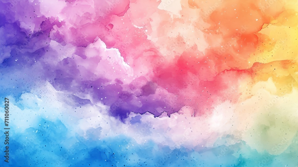 Obraz premium Watercolor illustration of Rainbow clouds of pink, purple, blue, red, yellow pastel colors. Abstract beautiful sky background. Copy Space. Ideal for banner, poster, postcard, greeting. Kids backdrop