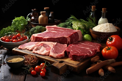 A variety of raw meats and vegetables are arranged on a wooden table.,