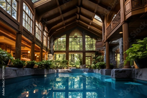 A tranquil dwelling featuring an alluring indoor pool and a peaceful ambiance. Generative AI