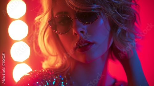 Woman with blonde hair  sequined glasses  and red lighting. Suitable for nightlife and fashion editorial use. Concept for masquerade  holiday and corporate party.